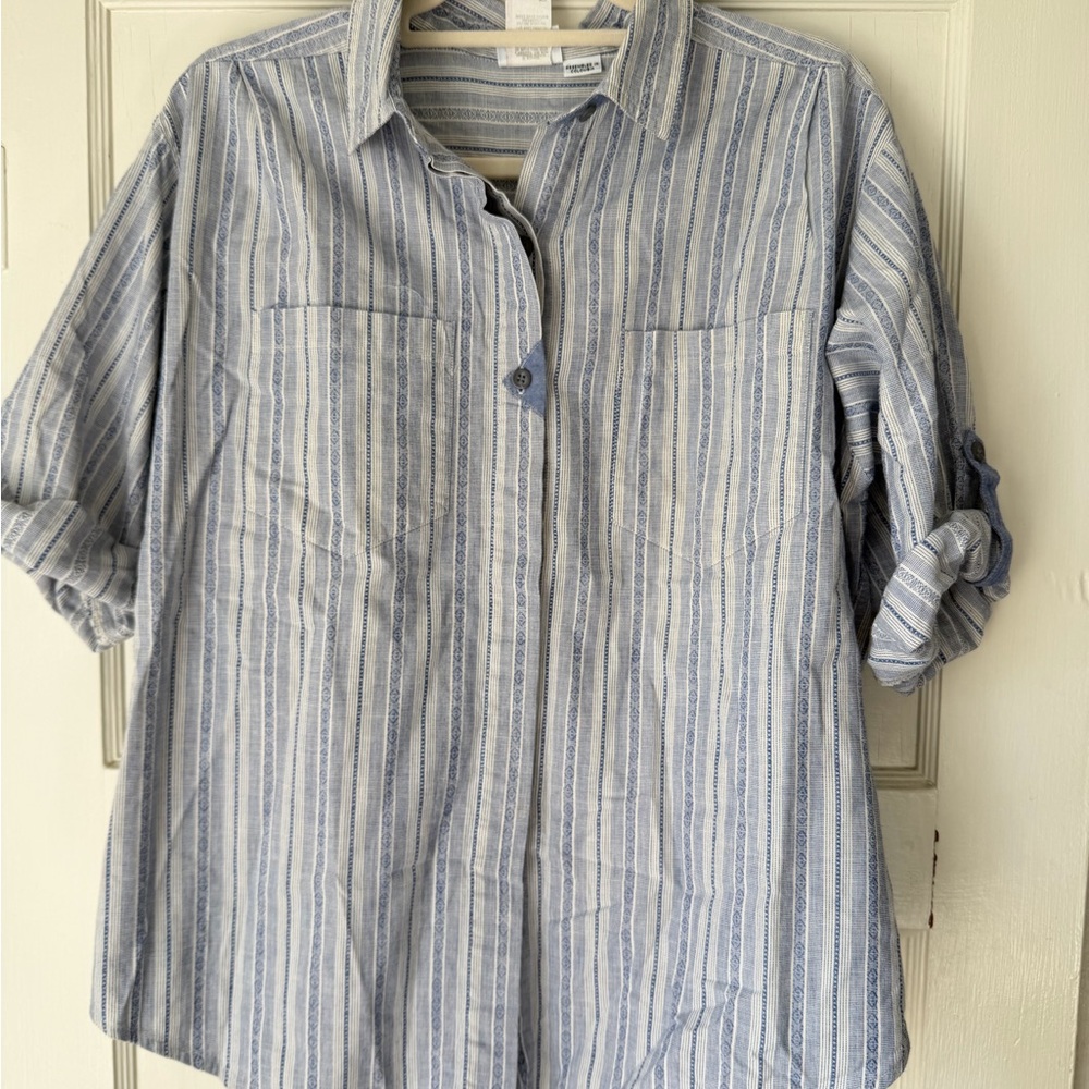Vintage 80s Koret City Blues Women’s Casual Blue and White Striped Shirt